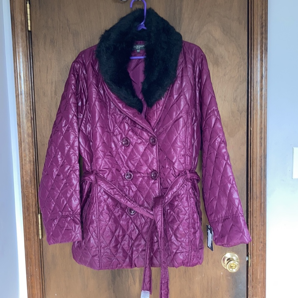 Last Chance❌ La mode plus detachable faux fur collar quilted coat w belt size 42 - Picture 5 of 16